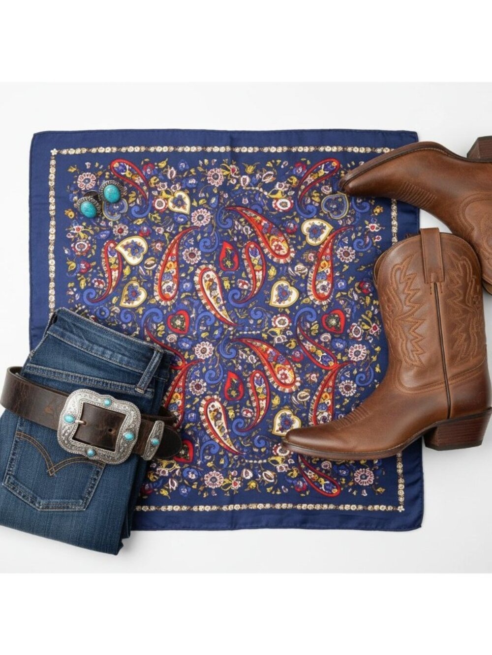 Navy Paisley Wild Rag Satin Scarf 35 Inch Western Scarf Cowgirl Neck Scarf Large - Picture 6 of 9
